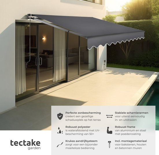 tectake® Sonnenschirm mit Gelenkarm - 250 x 200 cm - Markise - Sonnenschutz für Fenster, Balkon, Außenbereich - Wandmontage - Wasser- und UV-beständig - Dunkelgrau