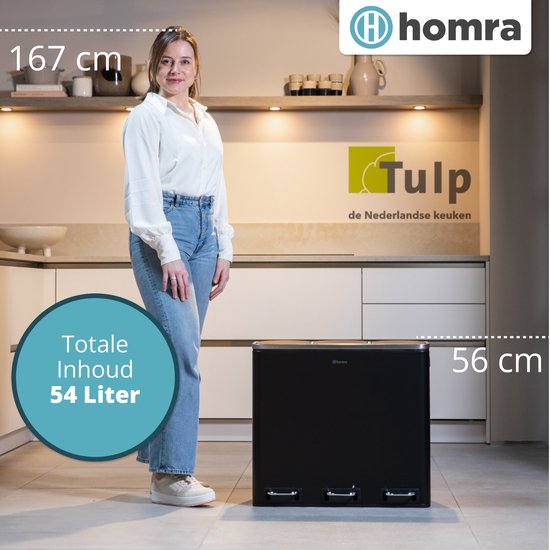 Homra - Mülleimer - Mülltrennsystem  - 3 Fächer - 3 x 18 L Fassungsvermögen - 54 Liter - Edelstahl - Schwarz