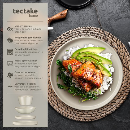 tectake® Geschirrset Una - 24-teilig - Steingut - 6 Personen - Stilvolles und langlebiges Geschirr - Tellerset mit großen und kleinen Tellern, Schalen, Schüsseln, Schälchen - Taupe