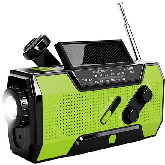 Brixy Emergency Radio - Radio mit Batterie für Notfälle - 5000 MAH - aufwickelbar - Solar - Taschenlampe - Powerbank - Grün