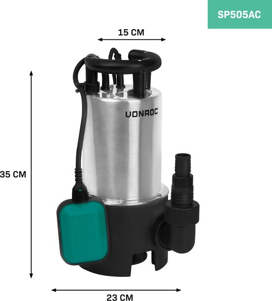 VONROC Edelstahl-Tauchpumpe - Schmutzwasserpumpe - Wasserpumpe - 850W - 14000 l/h - Für Schmutz- und Reinwasser - Mit Schwimmer
