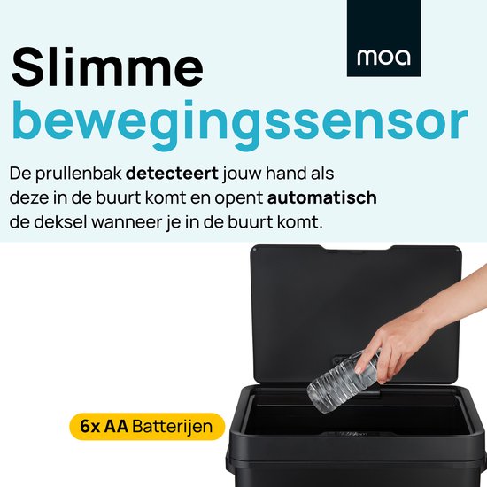 MOA Mülleimer mit Sensor - 68 Liter - Abfalleimer - Edelstahl und langlebiges ABS - Rutschfest - Geräuschloser Deckel - Schließverzögerung - Schwarz - SB03B