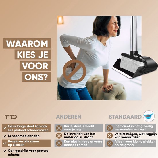 TTD® Kehrschaufel und Besen mit langem Stiel XXL - Verstellbar 54-263 cm - Besen - Besenstiel - Grau & Schwarz - Kehrschaufel und Besen - Kehrschaufel für drinnen und draußen - Integrierte Reinigungszähne