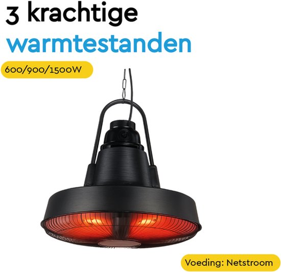 BRASQ Retro Elektrischer Terrassenheizer Pendant - 3 Heizstufen - Mit Fernbedienung - IP24 -Spritzwassergeschützt - Innen und Außen - 2000 W - Schwarz