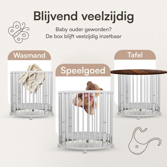 Flowsense Baby Box - Runder Laufstall - Mit Matratze - Höhenverstellbar - Räder - Weiß