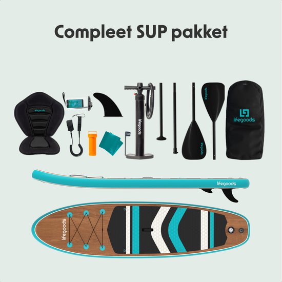 LifeGoods PaddlePro SUP Board - mit Sitz - Aufblasbares Paddle Board - Komplettset - Max. 150KG - 320x81cm - Holz/Blau