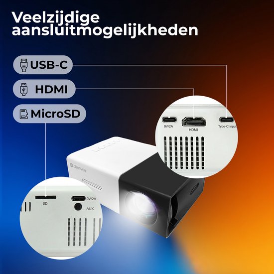 Denver Mini Beamer Full HD - Streaming von Ihrem Handy (USB-C) - Mini-Projektor - Inkl. Fernbedienung - HDMI/AUX/USB-C - PR800