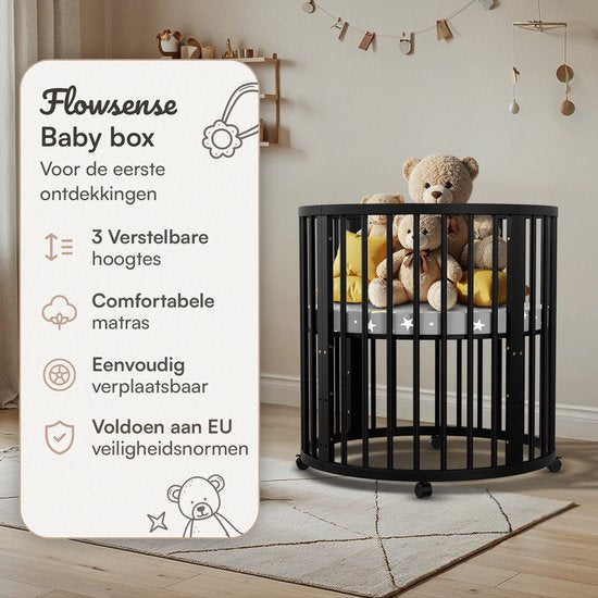 Flowsense Baby Box - Runder Laufstall - Bodenbox - Laufstall - mit Matratze - höhenverstellbar - Rollen - Schwarz