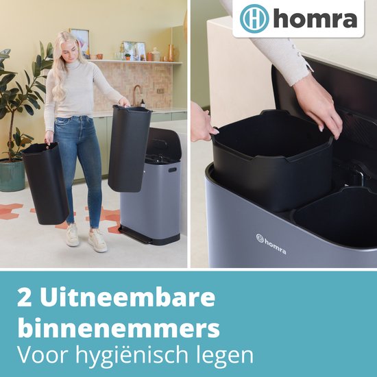 Homra Rockx Pedal Mülleimer 60 Liter - Duo Mülleimer 2X30L mit Geruchsfilter - Edelstahl Mülltrennung Mülleimer 2 Fächer - Recycling Mülleimer - Mülleimer Küchenabfalltrennung - Abfalleimer - Doppelmülleimer Grau