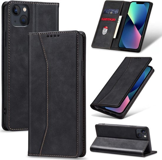 Podec Case mit Kartenhalter geeignet für iPhone 13 Mini Schwarzes Handy Case - Anti-Shock Bookcase Cover mit 1x Displayschutzfolie - Wallet Case