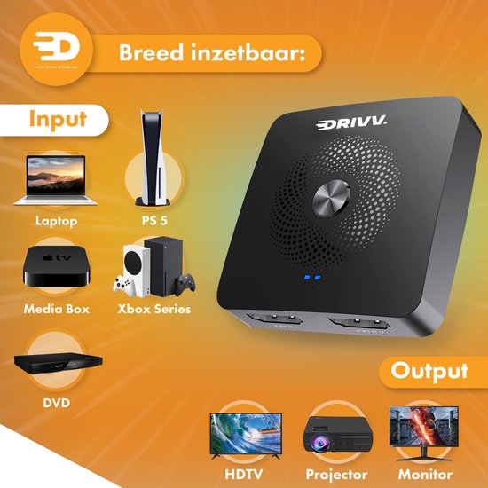 Drivv. HDMI-Umschalter - 2-in-1 out / 1-in-2 out - Bidirektional - Unterstützt 720p/1080p/4K/3D - Schwarz