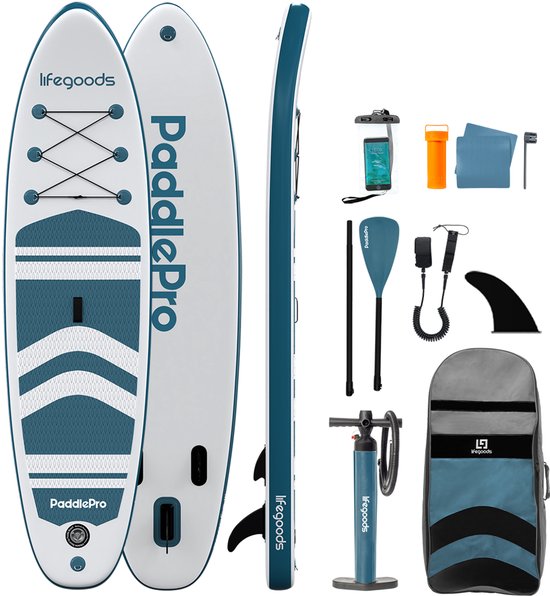 LifeGoods PaddlePro SUP Board - Aufblasbares Paddle Board - Komplettset - Max. 135KG - 320x81cm - Weiß/Tief Aqua