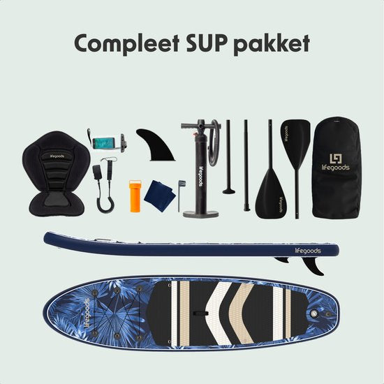 LifeGoods PaddlePro SUP Board - mit Sitz - Aufblasbares Paddle Board - Komplettset - Max. 150KG - 320x81cm - Tropisch Blau
