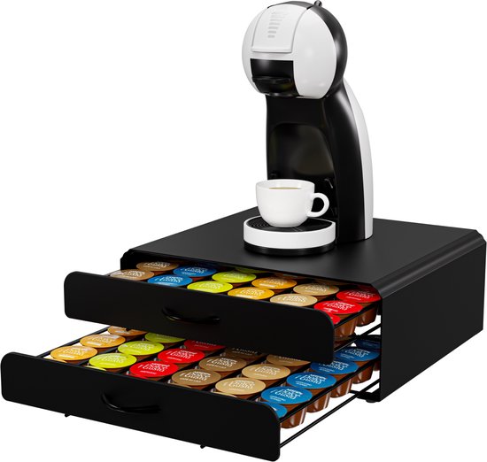 KitchenBrothers Kapselhalter - Kaffeetassenhalter - mit Schublade - Geeignet für Dolce Gusto - 72 Kapseln - Edelstahl - Schwarz