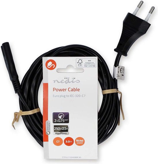 Nedis Stromkabel - Eurostecker - IEC-320-C7 - Gerade - Gerade - Vernickelt - 3,00 m - Flach - PVC - Schwarz - Etikett