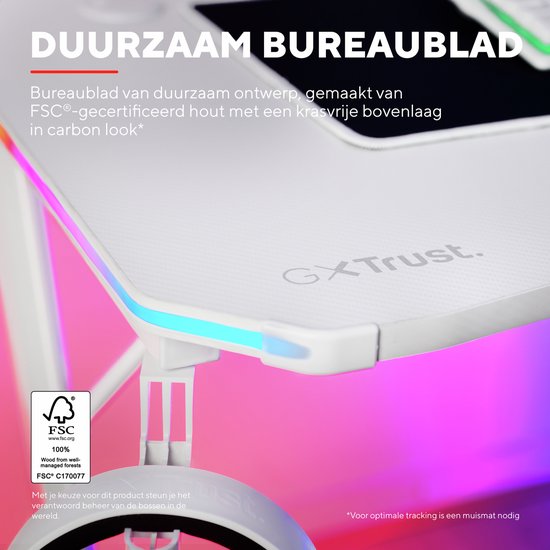 Trust GXT 709W Luminus Gaming-Schreibtisch - RGB-Beleuchtung - Becherhalter - Headset-Halter - Weiß