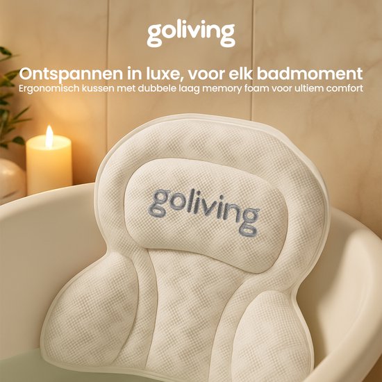 Goliving Badekissen - Ergonomisches Kissen für die Badewanne - Mit 6 Saugnäpfen - Inklusive Waschbeutel - Rutschfest, leicht & wasserdicht -100% Polyester - Weiß