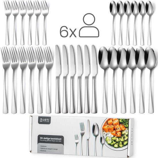 Loti Living Besteck-Set 30-teilig - 6 Personen - Besteck-Set 6 Personen - Löffel, Messer, Gabeln, Kuchengabeln - Spülmaschinenfestes Besteck - Hochwertiger Edelstahl - Edelstahl