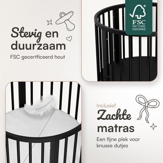 Flowsense Baby Box - Runder Laufstall - Bodenbox - Laufstall - mit Matratze - höhenverstellbar - Rollen - Schwarz