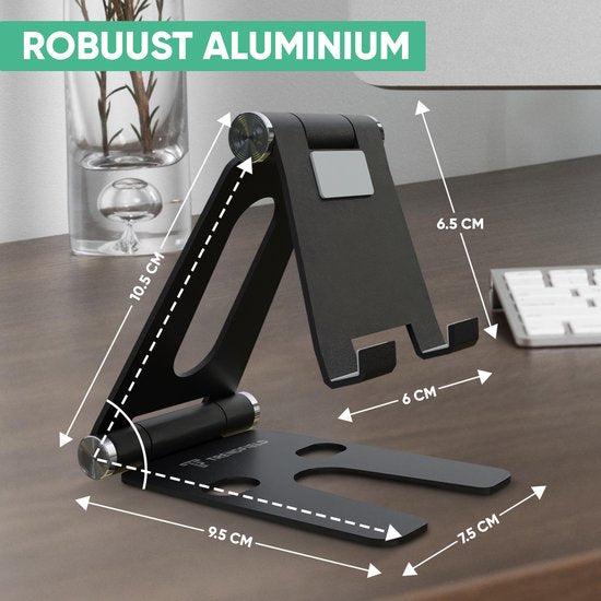 Serve Phone Stand XL - Aluminiumhalterung für Handy & Tablet - Telefonhalterung für den Schreibtisch - Zusammenklappbarer Telefonständer TTH105 - Schwarz