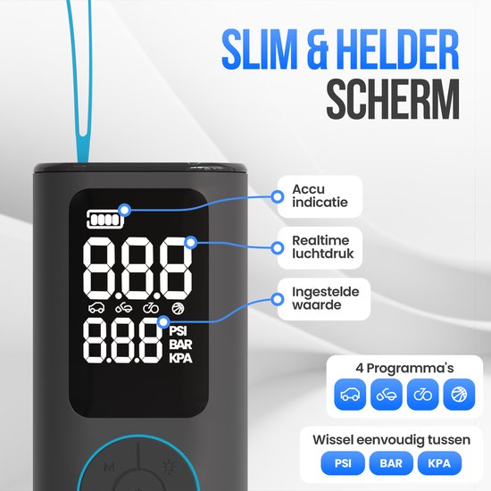 Strex Elektrische Reifenpumpe - Kabelloser Mini-Kompressor 3-in-1 - Auto, Fahrrad, Roller, Ball & Luftmatratze - bis zu 10,5 bar / 150 PSI - 30L/min - 8000 mAh Powerbank & Taschenlampe