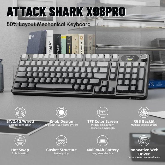 ATTACK SHARK X98PRO - Kabellose mechanische Gaming-Tastatur - seitlich bedruckte PBT-Tastenkappen - TFT-Bildschirm - Multifunktions-Drehknopf - Wired/2.4G/Bluetooth Tri-Mode - Gasket Mod - 98 Tasten - Moonlit Night