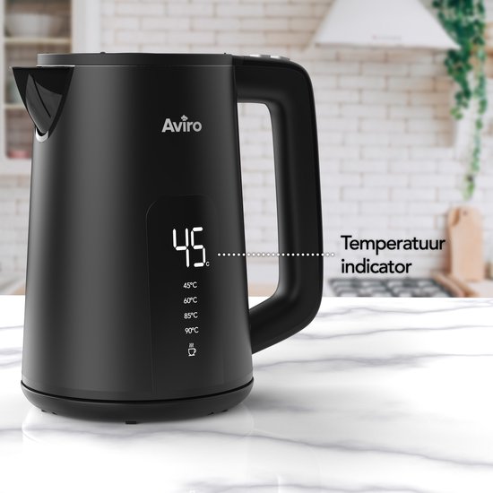 Aviro Wasserkocher mit Temperaturregelung - Heizfunktion - 1.7L - Edelstahl - Doppelwandig - Elektrisch - 2000W - Schwarz