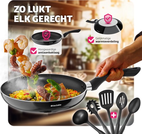 tectake Pfannenset 15-teilig - Aluminium mit Glasdeckeln - Inklusive Utensilien - Schwarz