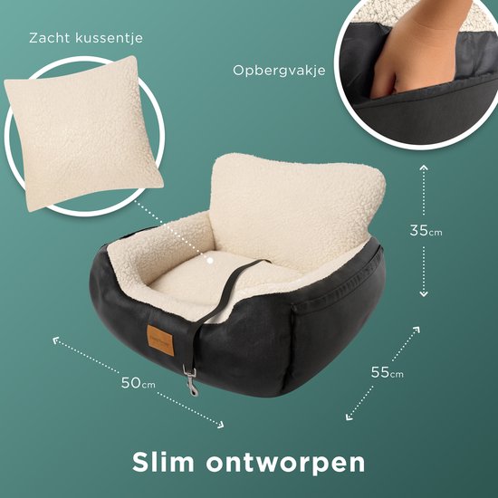 CozySense® Hundeautositz - Hundekorb Auto für kleine Hunde - Vorder- und Rücksitz - mit Sicherheitsgurt, Staufach und waschbarem Bezug - Schwarz/Beige