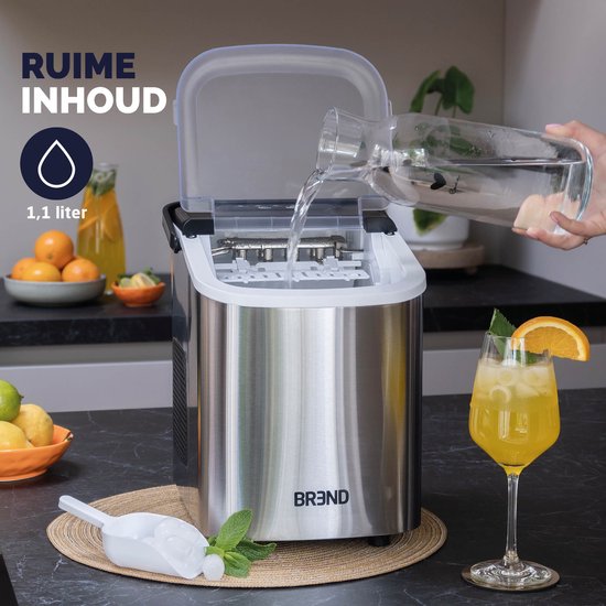 BREND BR-2213 Eiswürfelbereiter mit Schaufel und Tropfschale - Große L oder kleine S Eiswürfel - Tragbarer Eiswürfelbereiter - 10 kg in 24 Stunden - Silber
