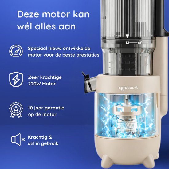 Safecourt Kitchen Slow Juicer - leistungsstarker Motor [Vorschneider & Kaltpress-Technologie] - einfache Reinigung - BPA-frei - Entsafter Beige