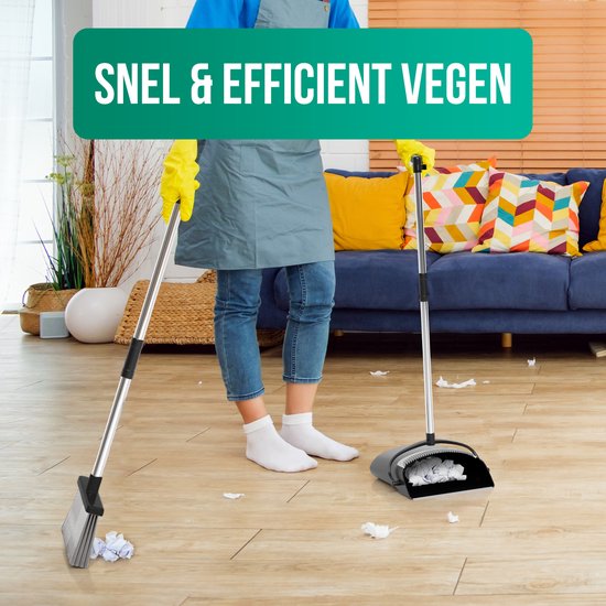 Avalo Kehrschaufel und Bürste mit langem Stiel - Verstellbar 87-127cm - Integrierte Reinigungszähne - Schwarz