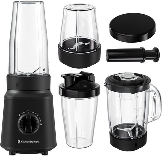 KitchenBrothers Blender - Komplettset - 2x 750ml Krug - Mahlwerk - Sieb - To-Go Becher - Schwarz