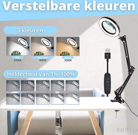 Earkings Lupe mit Beleuchtung - Lupe mit LED-Beleuchtung inklusive Tischklemme und 3 Lichtfarben - Lupe vergrößert 3x bis 10x und ist 360 Grad drehbar Weiß