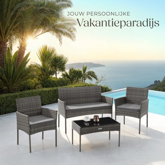 tectake® - Geflecht-Gartenset Palese - Sitzgruppe für 4 Personen - Gartenmöbelset mit Loungebank, Gartentisch und 2 Gartenstühlen inklusive Sitzkissen - Gartenmöbel - Wasserfest - Grau
