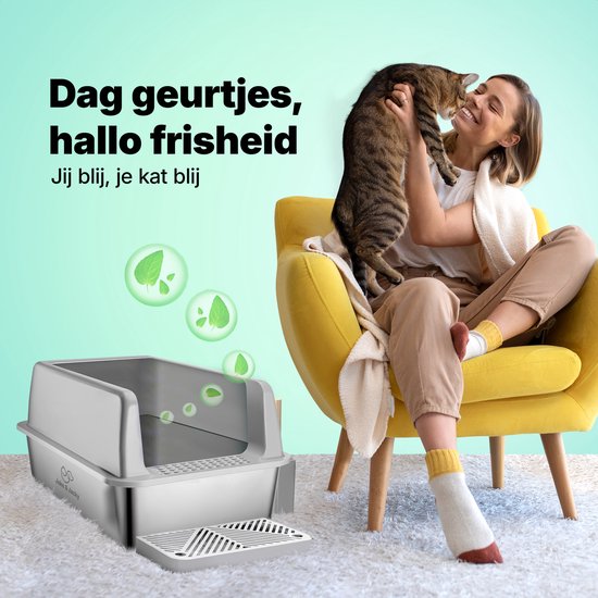 Jake und Jacky Edelstahl Katzentoilette - Offene Katzentoilette - Inkl. Katzentoilettenschaufel mit Halterung und Streusammelstufe - 60x40x30cm