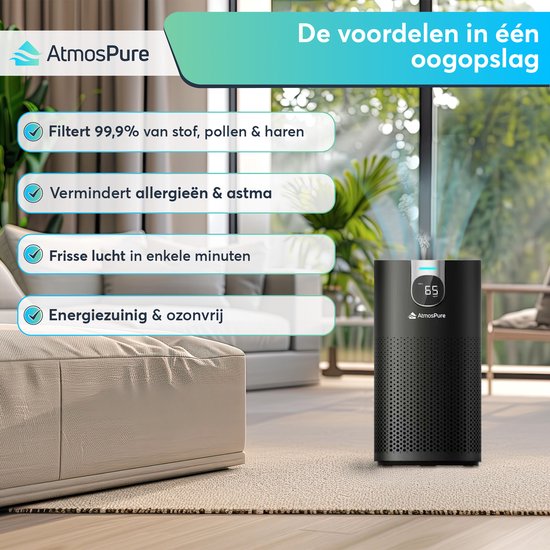 AtmosPure® CleanAir Luftreiniger - Luftreiniger mit austauschbarem HEPA 13 + Kohlefilter - CADR 250 m³/h - Schwarz - Für 98 m² - Wirkt gegen Staubmilben, Heuschnupfen, Allergien, -3 Modi + stiller Schlafmodus - Luftqualitätssensor