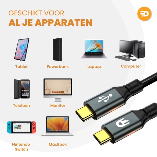 Drivv. USB C Kabel zu USB C 3.2 - 100w Schnellladegerät - 4K 60Hz - 20GBs - 3 Meter - Geeignet für Samsung, Macbook, iPhone 15 & mehr - Nylon - Grau