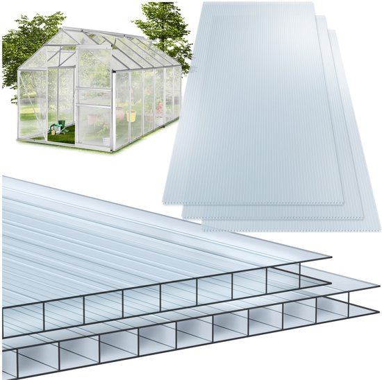 tectake® - 10er-Set Polycarbonatplatten - Stabile, lichtdurchlässige, UV-beständige Hohlkammerplatten - 121 x 60,5 cm - 7,32m² gesamt - Transparent - Gewächshausfolie - 4 mm stark