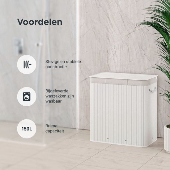 Organess Wäschekorb mit 3 Fächern – Wäschetrennkorb – Wäschekorb mit Deckel – Zusammenklappbar – 150 l – Weißer Bambus