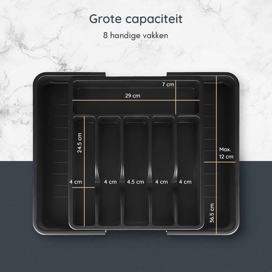 Deleca Ausziehbarer Besteckeinsatz mit 8 Fächern - Besteckschubladen-Organisator - Küchenschubladen-Besteckorganisation - Besteckhalter Küche - 57 x 38 cm - Kunststoff / Schwarz