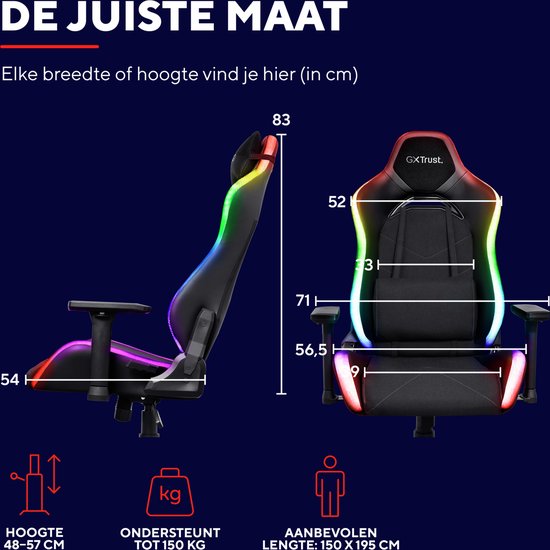 Trust Ruya RGB Gaming-Stuhl - Mit RGB-Beleuchtung - Verstellbar - Ergonomisch - Schwarz