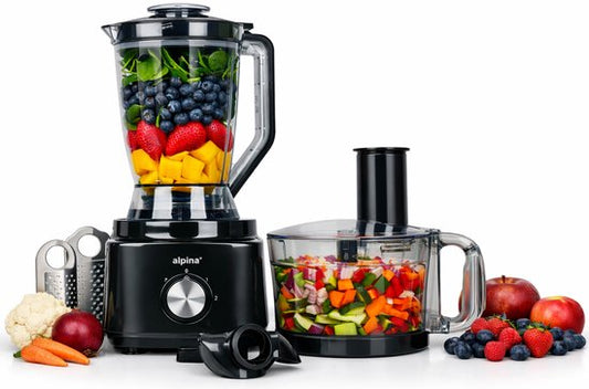 Alpina 3-in-1-Küchenmaschine, Mixer und Smoothie-Maker – Multifunktionale Küchenmaschine – Gemüseschneider – Zerkleinerer – 2 l – BPA-frei – spülmaschinenfest – FP413GS – Schwarz