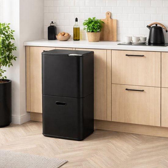 Bayt Mülleimer 60 Liter - Mülleimer 60 Liter - Mülltrennung - 2 Fächer - Edelstahl - Schwarz