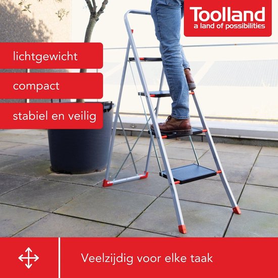 Toolland Stepix Stufenleiter, 4 Stufen, zusammenklappbar, Haushaltsleiter mit hohem Handgriff, rutschfesten Füßen und rutschfester Trittfläche auf den beiden Stufen, epoxidbeschichtet, Metall, Belastbarkeit bis 150 kg
