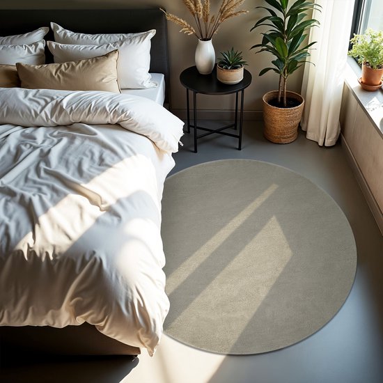 tectake® Kurzflorteppich - Rund - Ø120 cm - Sand - Teppich für Wohnzimmer, Schlafzimmer, Esszimmer - Pflegeleicht und waschbar - Anti-Rutsch-Unterlage - Allergikerfreundlich - Verschiedene Größen und Farben