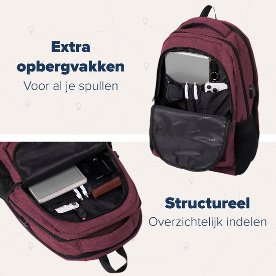 TRVLMORE Rucksack mit Lifetime - Rucksack mit 17 Zoll Laptopfach - Schultasche - spritzwassergeschützt - Männer und Frauen - Jungen und Mädchen - 36L - Burgunderrot