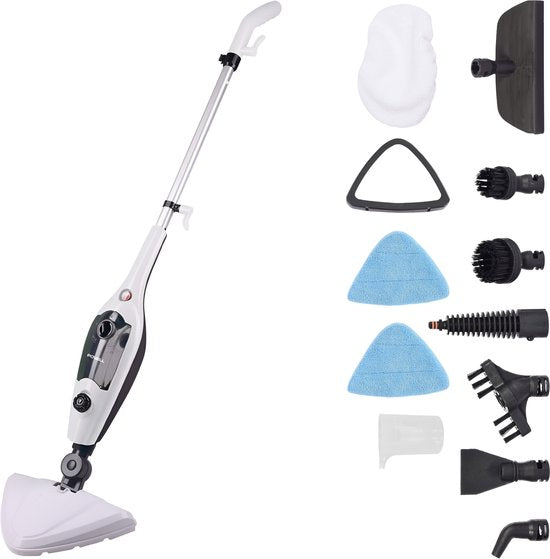 Powell Dampfreiniger - Handdampfreiniger - 2 in 1 - Teppichreiniger - Dampfreiniger Boden - Inklusive 10 Aufsätze - 240 V - 1300 W - Schwarz/Weiß