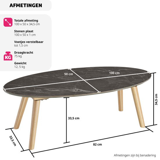 tectake® Couchtisch | Wohnzimmertisch, Ovaler Couchtisch mit Holzbeinen | Marmoroptik | Wetterfester Beistelltisch für Wohnzimmer, Terrasse, Garten oder Balkon - natur
