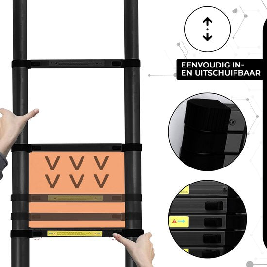Outbee Teleskopleiter - Teleskop-Klappleiter - 2,6 m Arbeitshöhe - Aluminium - Schwarz